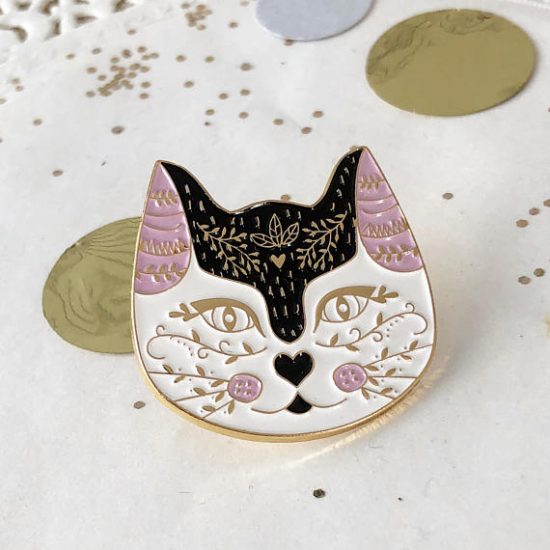 Broche Chat émaillée Noir, Yeux Verts, Signée A&S - Bijou Vintage - Très Bon état