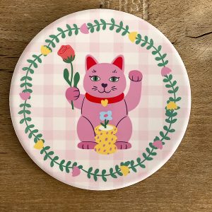Sous-verre en céramique Lucky Cat (Maneki-neko) – Chat porte-bonheur fleuri