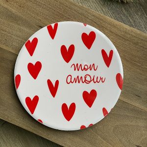 Sous-verre en céramique « Mon amour »  Mot doux & cœurs rouges